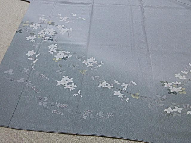 訪問着：美品：白い花と萩の花：淡いブルーグレー：袷正絹：P32