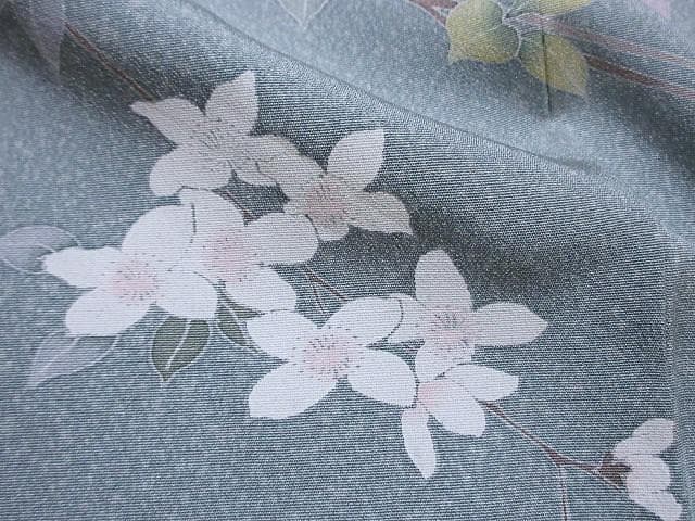 訪問着：美品：白い花と萩の花：淡いブルーグレー：袷正絹：P32