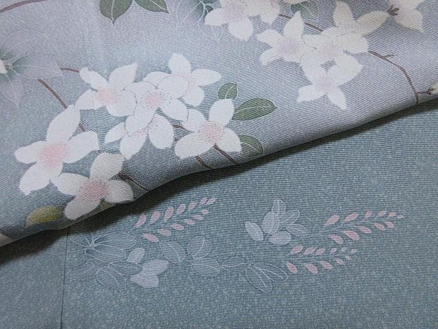 訪問着：美品：白い花と萩の花：淡いブルーグレー：袷正絹：P32