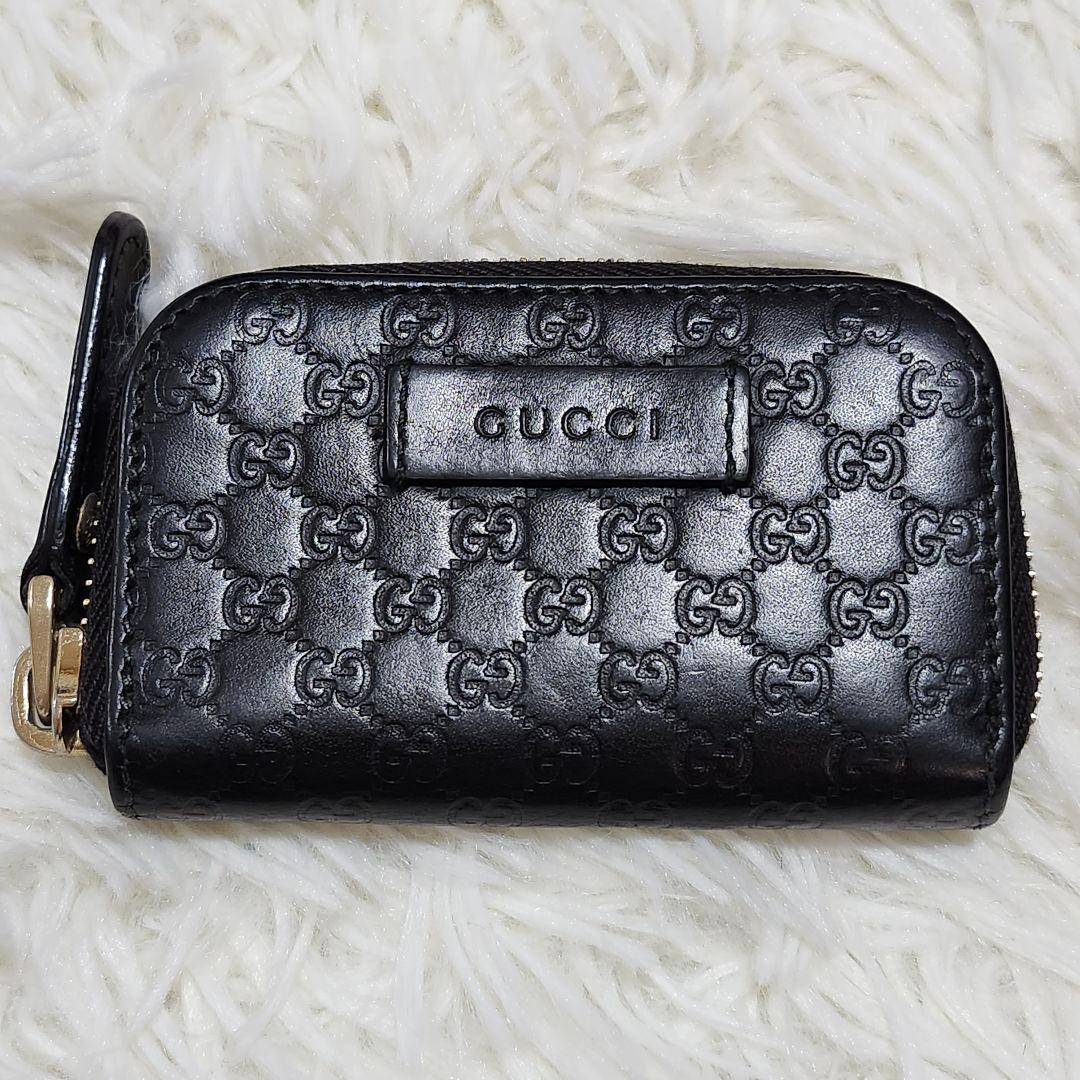 グッチ　ケース　マイクロシマレザー　GG柄　ラウンドファスナー　ブラック