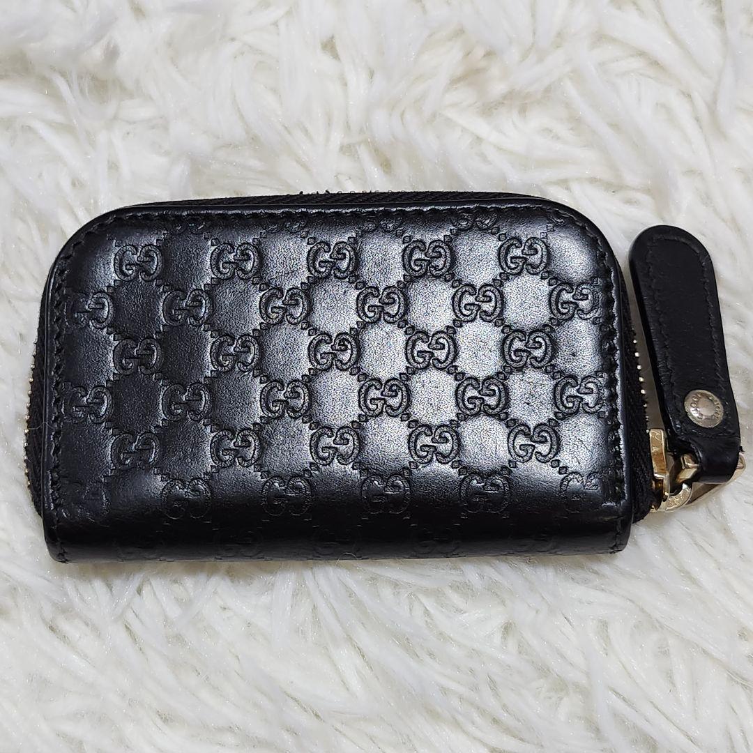 グッチ　ケース　マイクロシマレザー　GG柄　ラウンドファスナー　ブラック