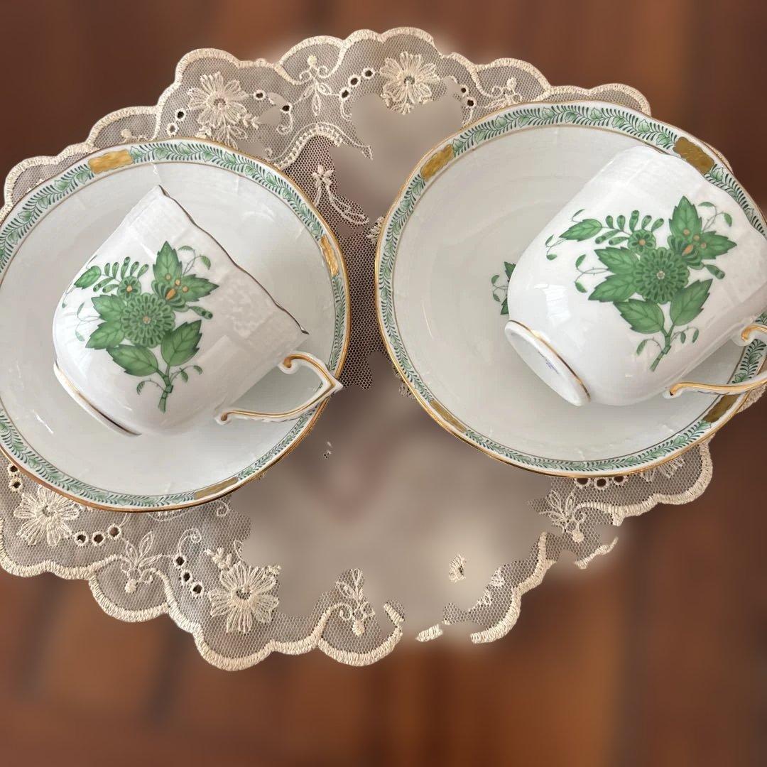 ヘレンド アポニーグリーン　コーヒー カップ＆ソーサー2客セット