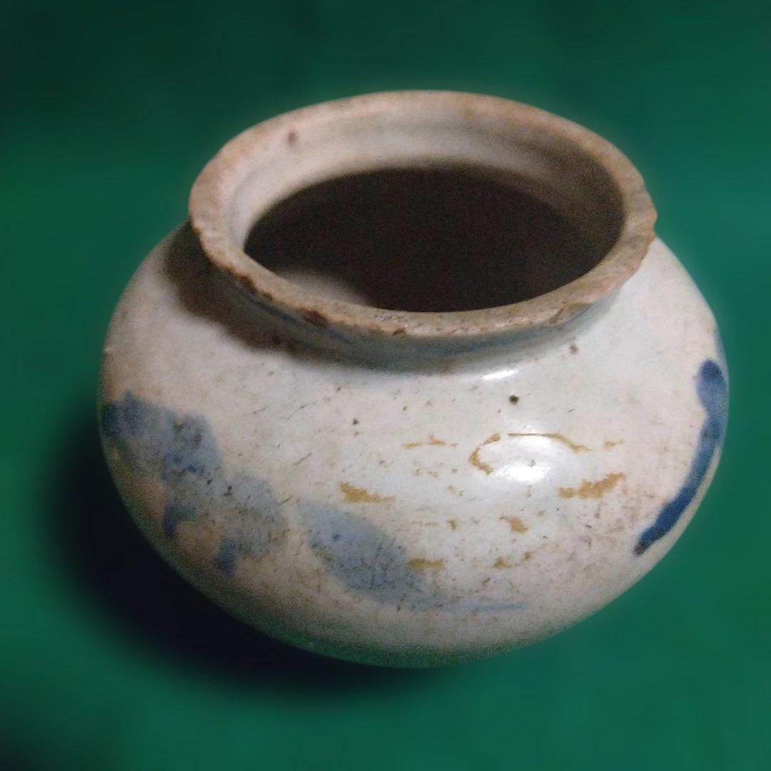 青い模様の陶器の壺　李朝　小壺