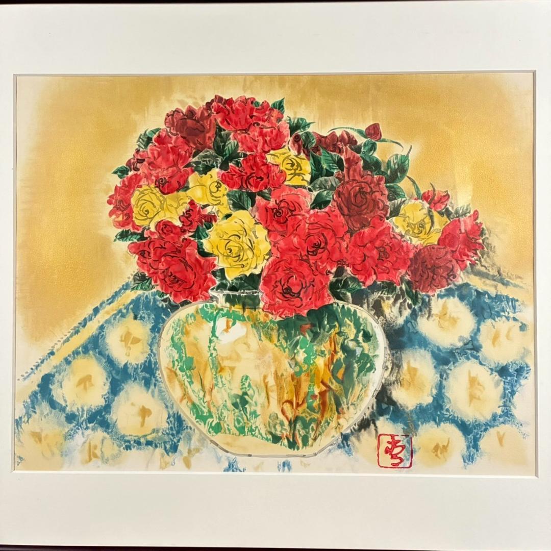 美品 前田青邨「薔薇」リトグラフ 前田すゑ承認印・証明シール・日本版画協会番号有