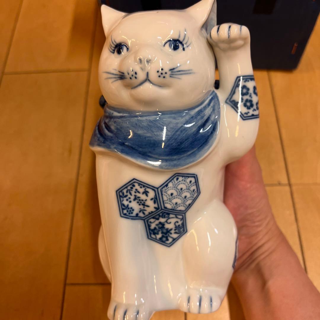 彩堂窯　瀬戸染付招き猫　陶器　置物　縁起物　商売繁盛