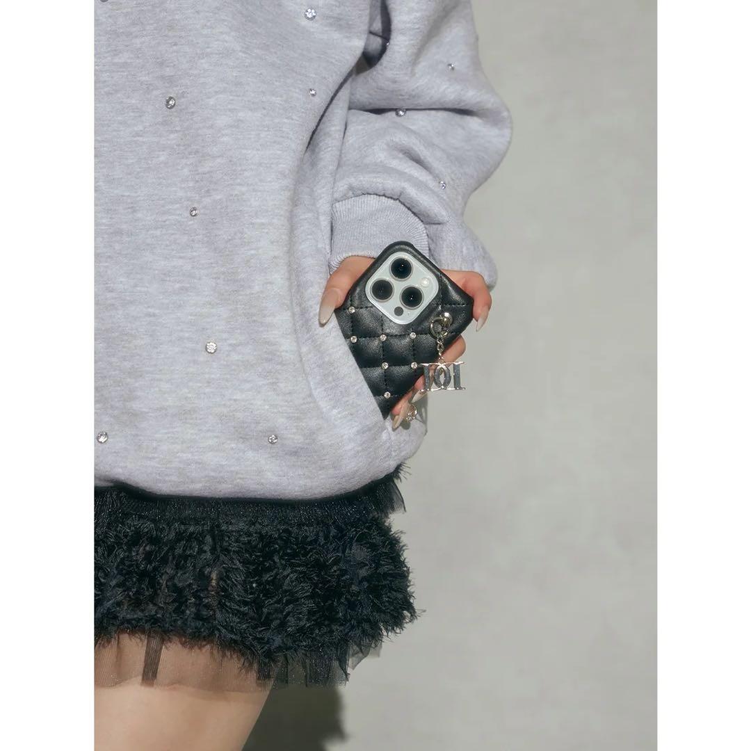 キルティングビジューDDチャームiPhoneケース 16pro ピンク