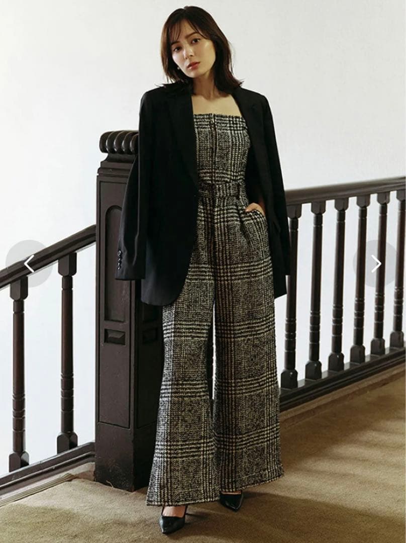 anuans ウールチェックツイードオールインワン （BLACK）