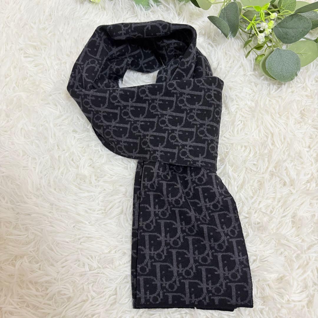 極美品★Christian Dior トロッター柄 ウール マフラー　ブラック