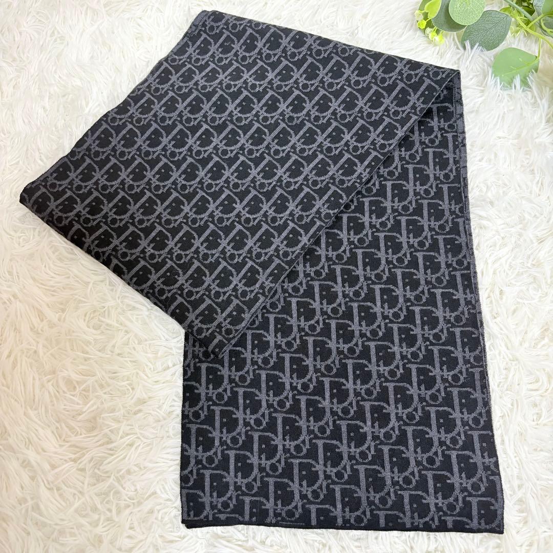 極美品★Christian Dior トロッター柄 ウール マフラー　ブラック