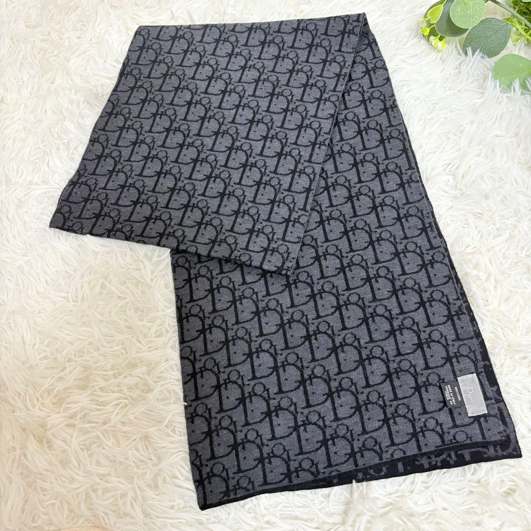 極美品★Christian Dior トロッター柄 ウール マフラー　ブラック