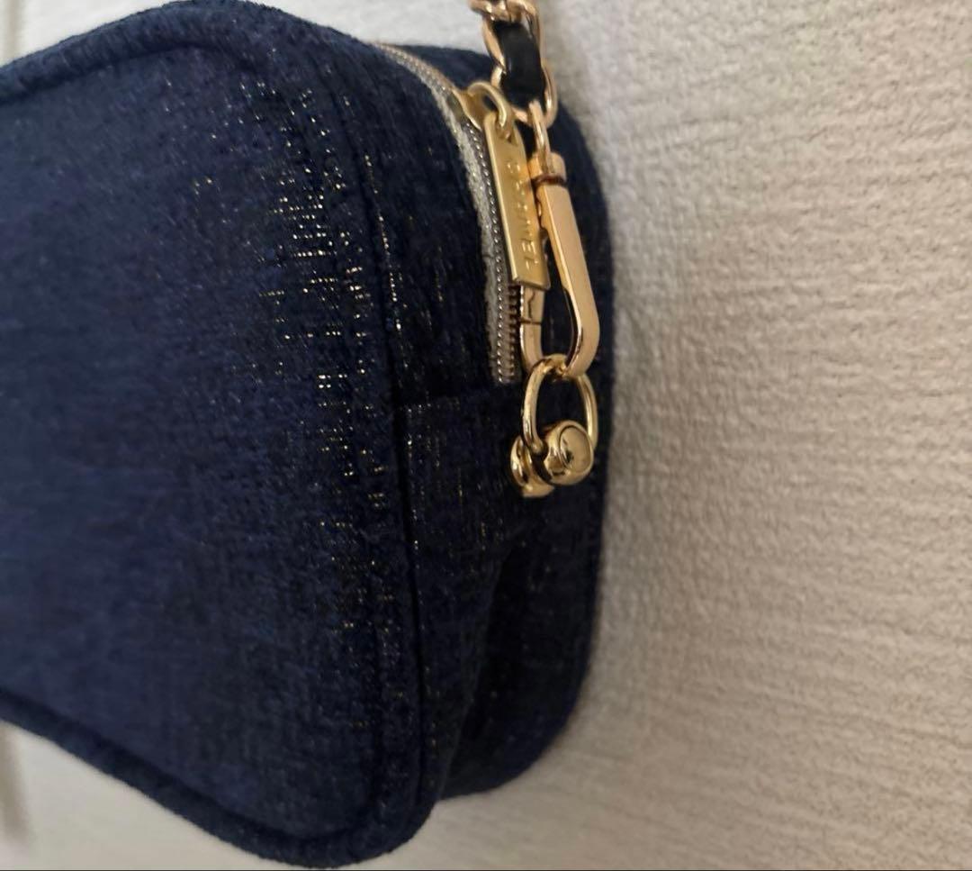 美品 シャネル ポーチ ノベルティ ネイビー×ツイードゴールド チェーン付き