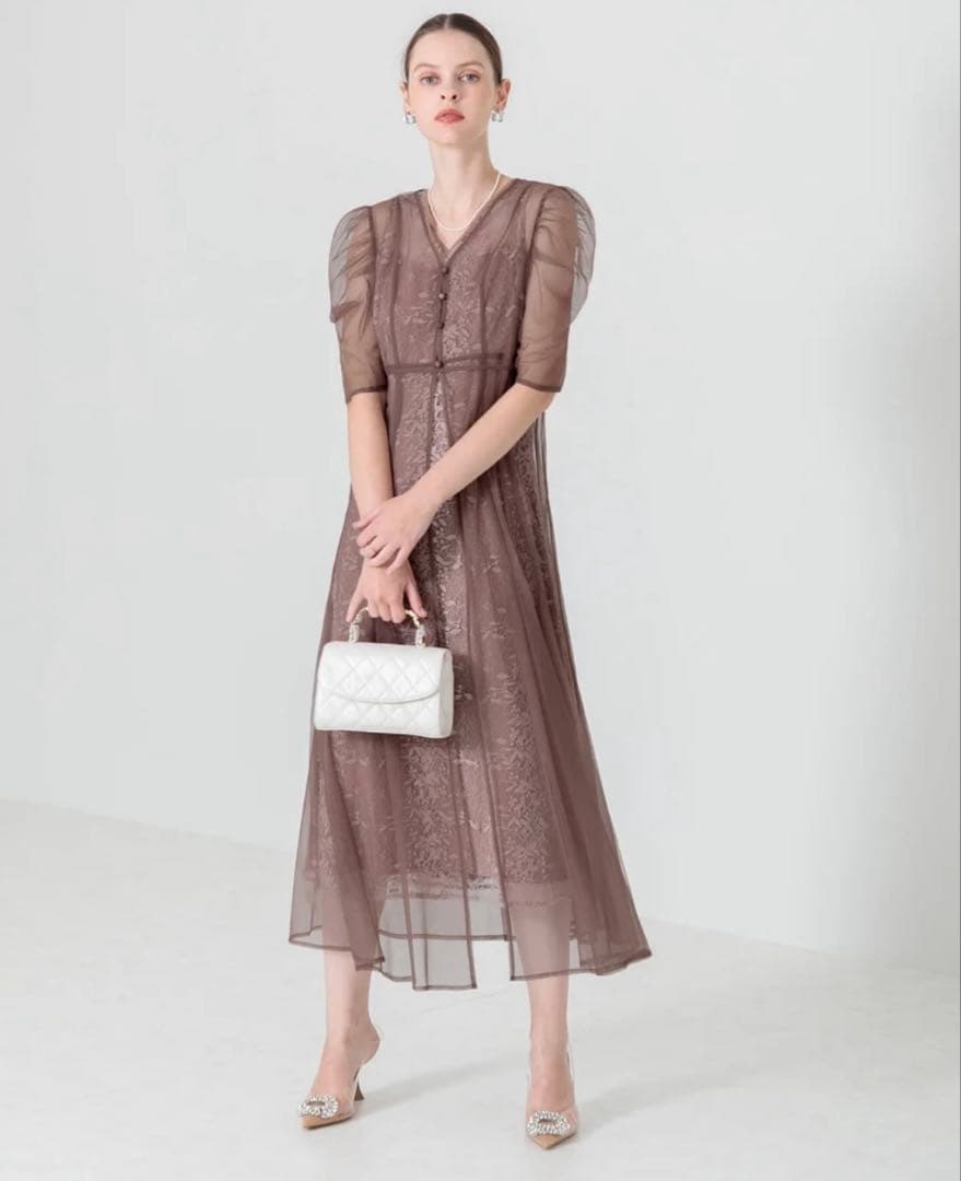 【LEJA】花柄総レースパフスリーブウエストリボン ドレス パーティ ワンピース