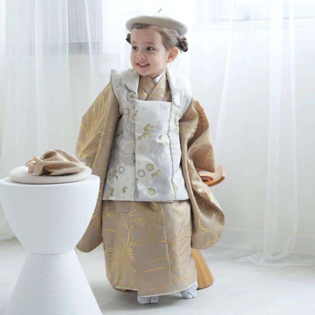 ひよこ商店 七五三 着物 3歳 女の子 被布セット グレー雪輪×シナモン金彩