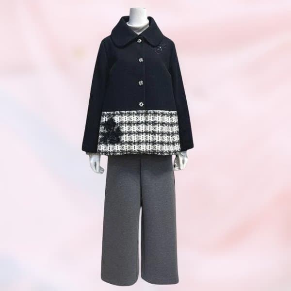 ステンカラー ジャケット 黒 チェック柄 スーパービューティ 新作 ゆったり