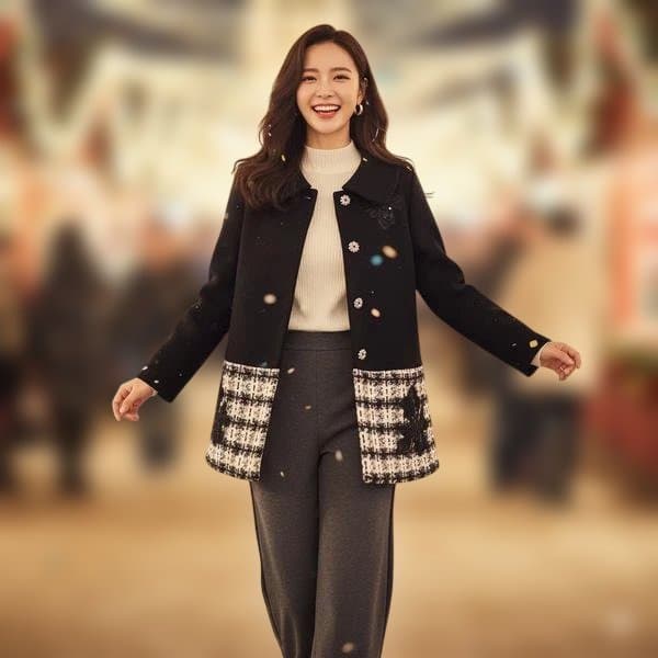 ステンカラー ジャケット 黒 チェック柄 スーパービューティ 新作 ゆったり