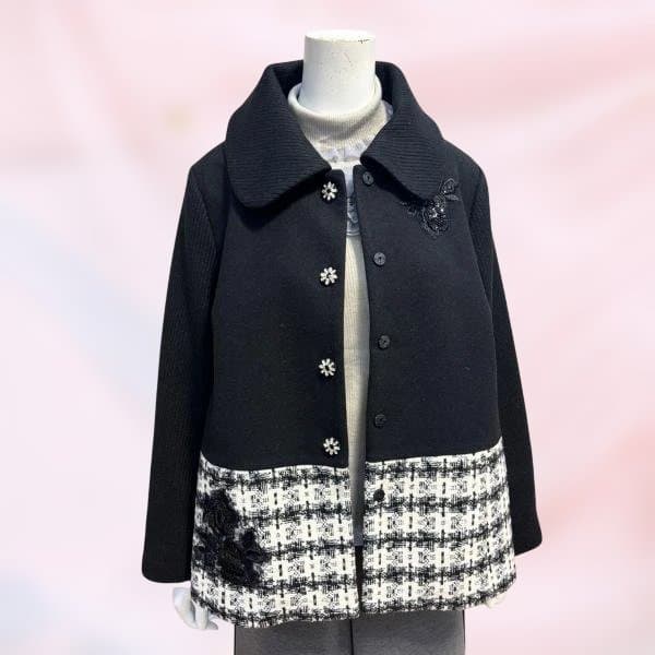 ステンカラー ジャケット 黒 チェック柄 スーパービューティ 新作 ゆったり