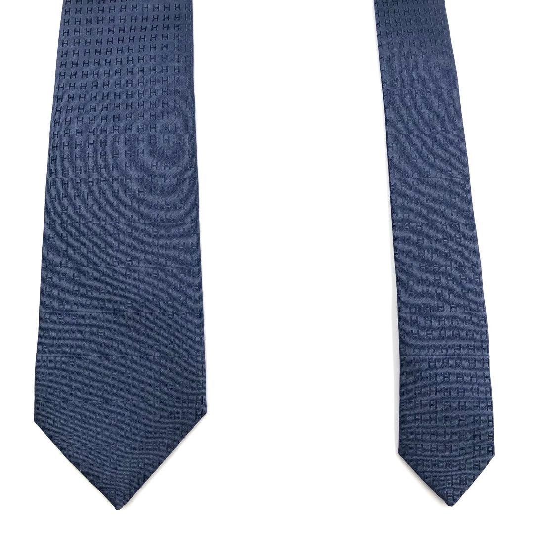 【極美品】HERMES ネクタイ ファソネ H柄 H織 ネイビー