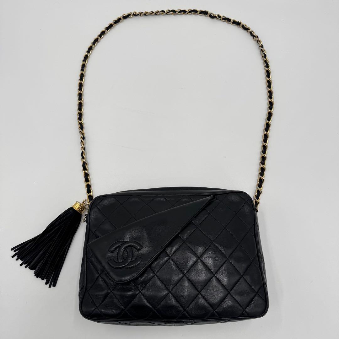 シャネル マトラッセ フリンジ チェーン ラムレザー ショルダーバッグ ブラック