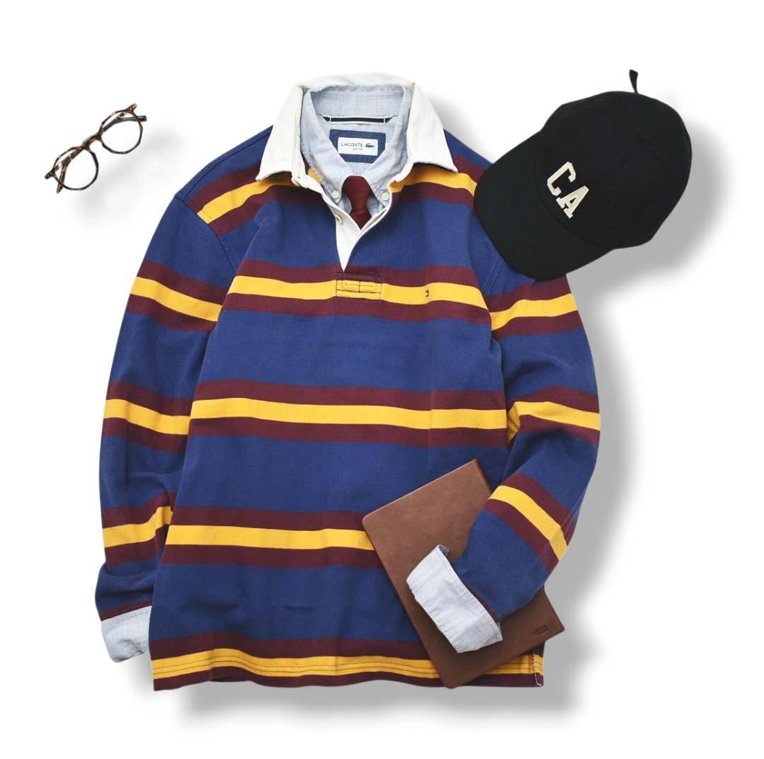 トミーヒルフィガー 長袖 ラガーシャツ スリット S ボーダー柄 マルチカラー