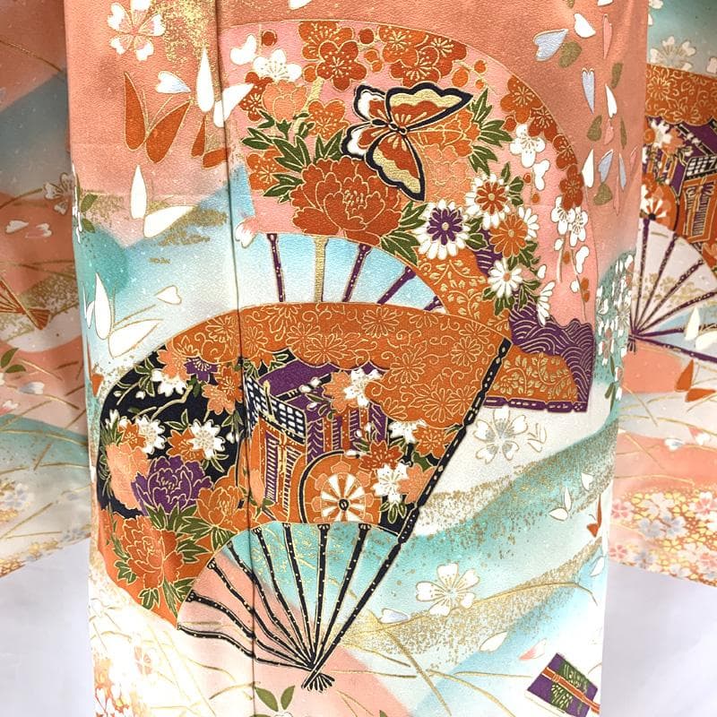 408ag43□七五三 七歳 女児 着物&開き帯＆長襦袢 金彩 扇 桜□状態良好