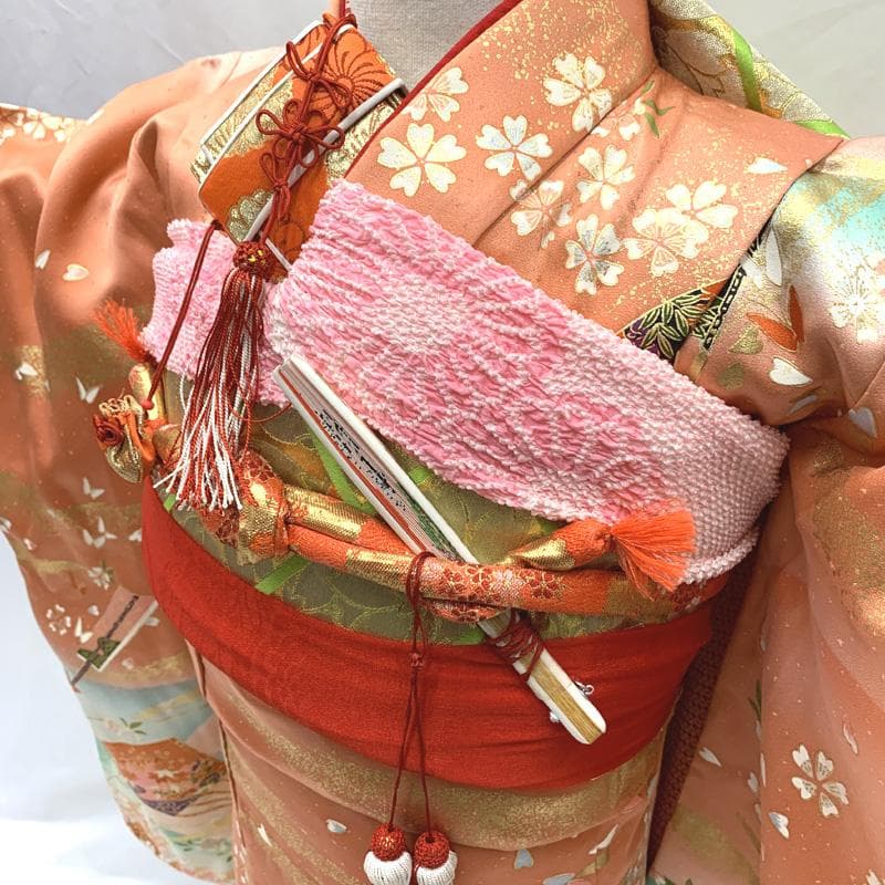 408ag43□七五三 七歳 女児 着物&開き帯＆長襦袢 金彩 扇 桜□状態良好
