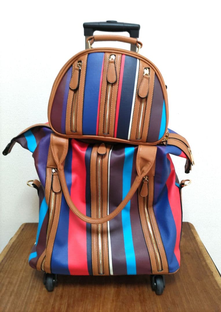 ４輪マルチストライプ柄　親子キャリーバック