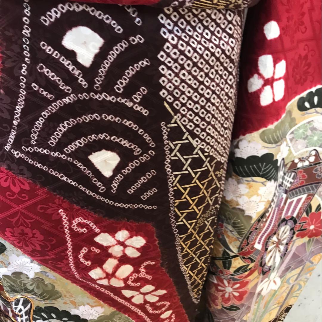 正絹　上質な振袖　絞りに金箔　松御所車桜菊