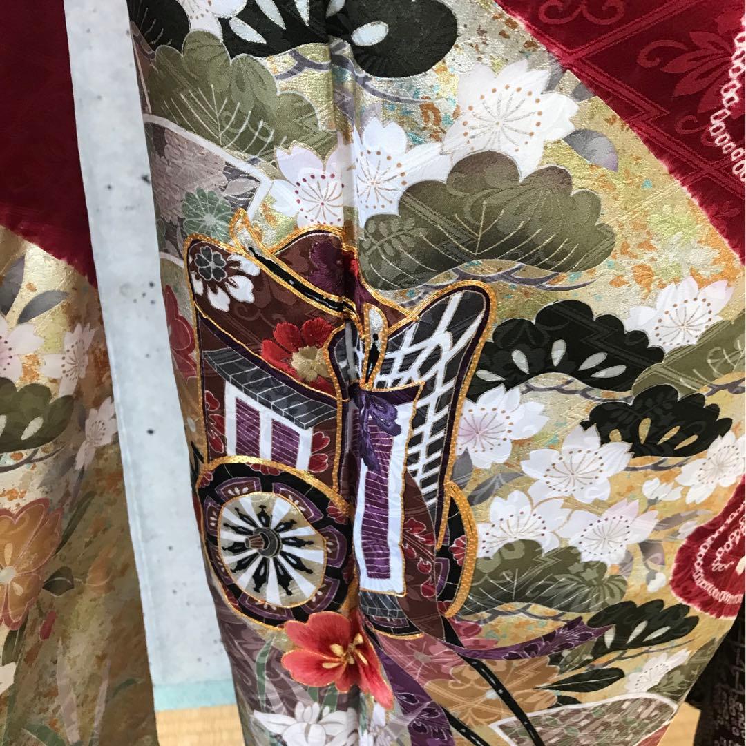 正絹　上質な振袖　絞りに金箔　松御所車桜菊