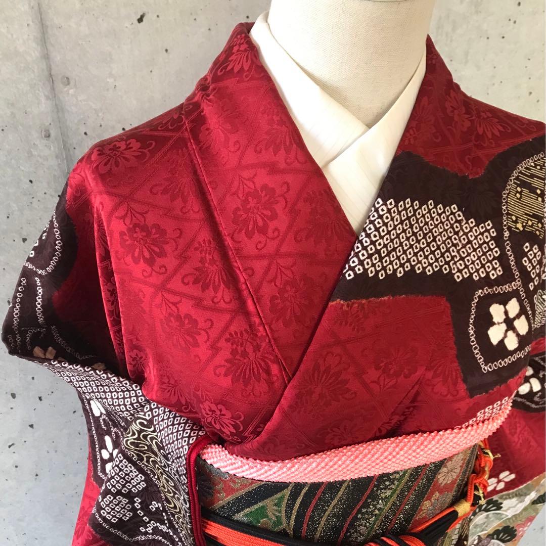 正絹　上質な振袖　絞りに金箔　松御所車桜菊