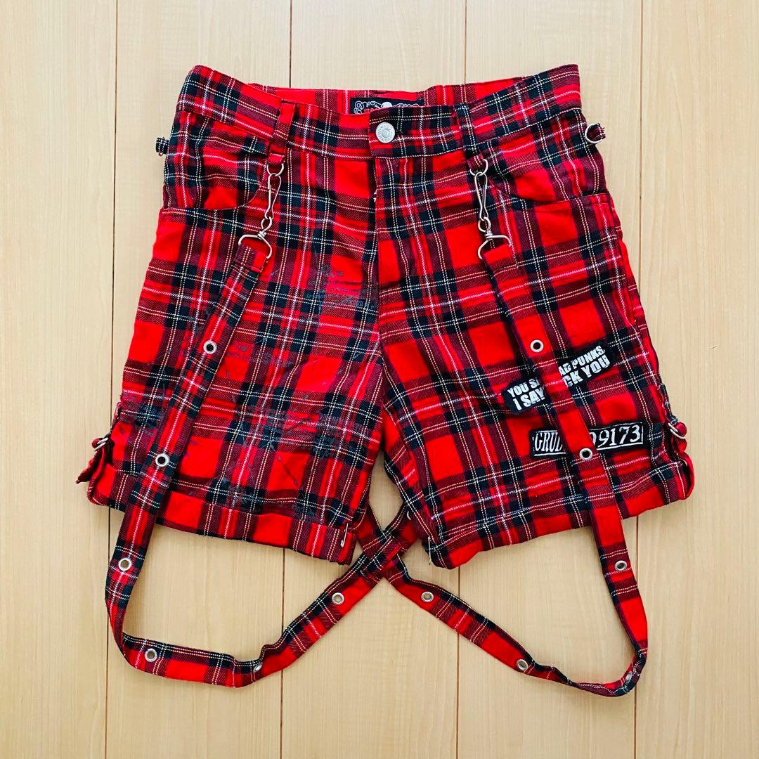 【M∀D GirL】サスペンダーつきショートパンツ｜赤チェックＭサイズ