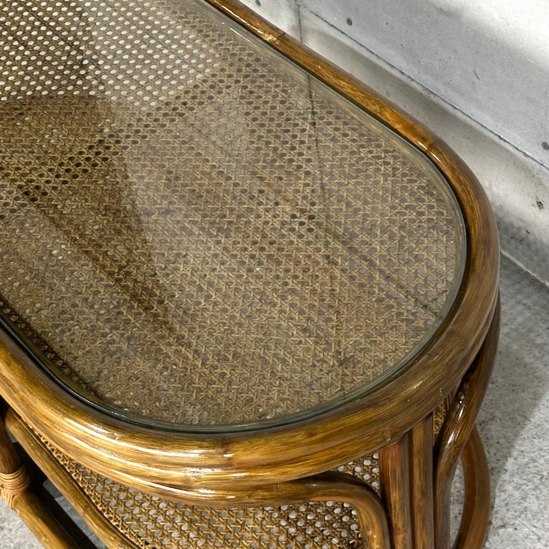 ✿昭和レトロ✿ 藤　オールドラタン　ガラストップテーブル　棚付き