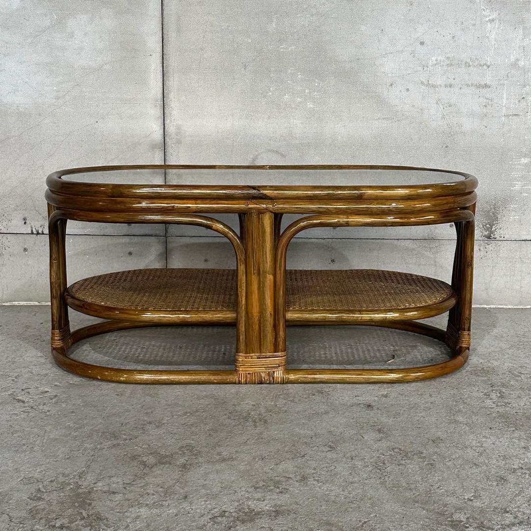 ✿昭和レトロ✿ 藤　オールドラタン　ガラストップテーブル　棚付き