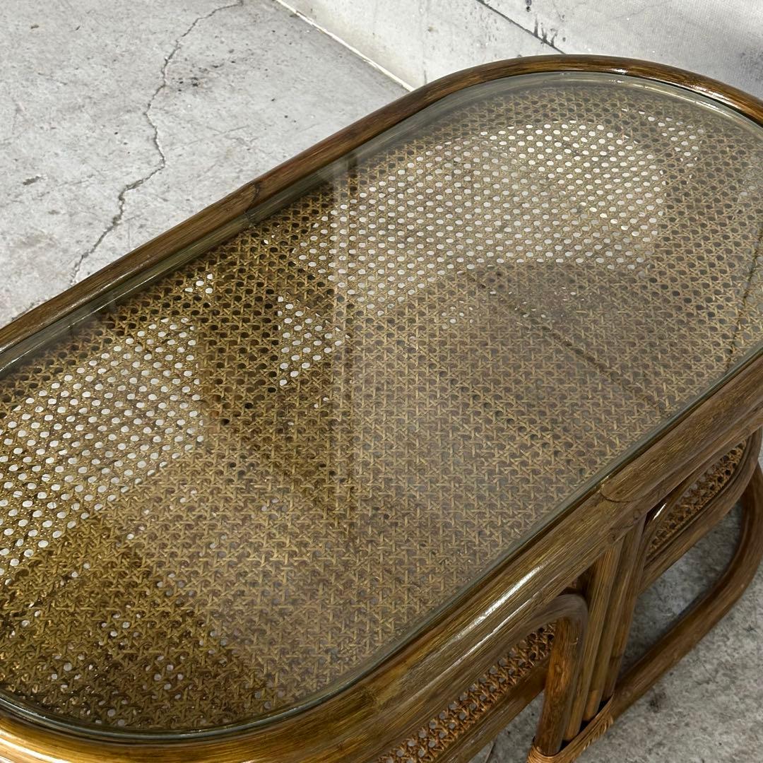 ✿昭和レトロ✿ 藤　オールドラタン　ガラストップテーブル　棚付き