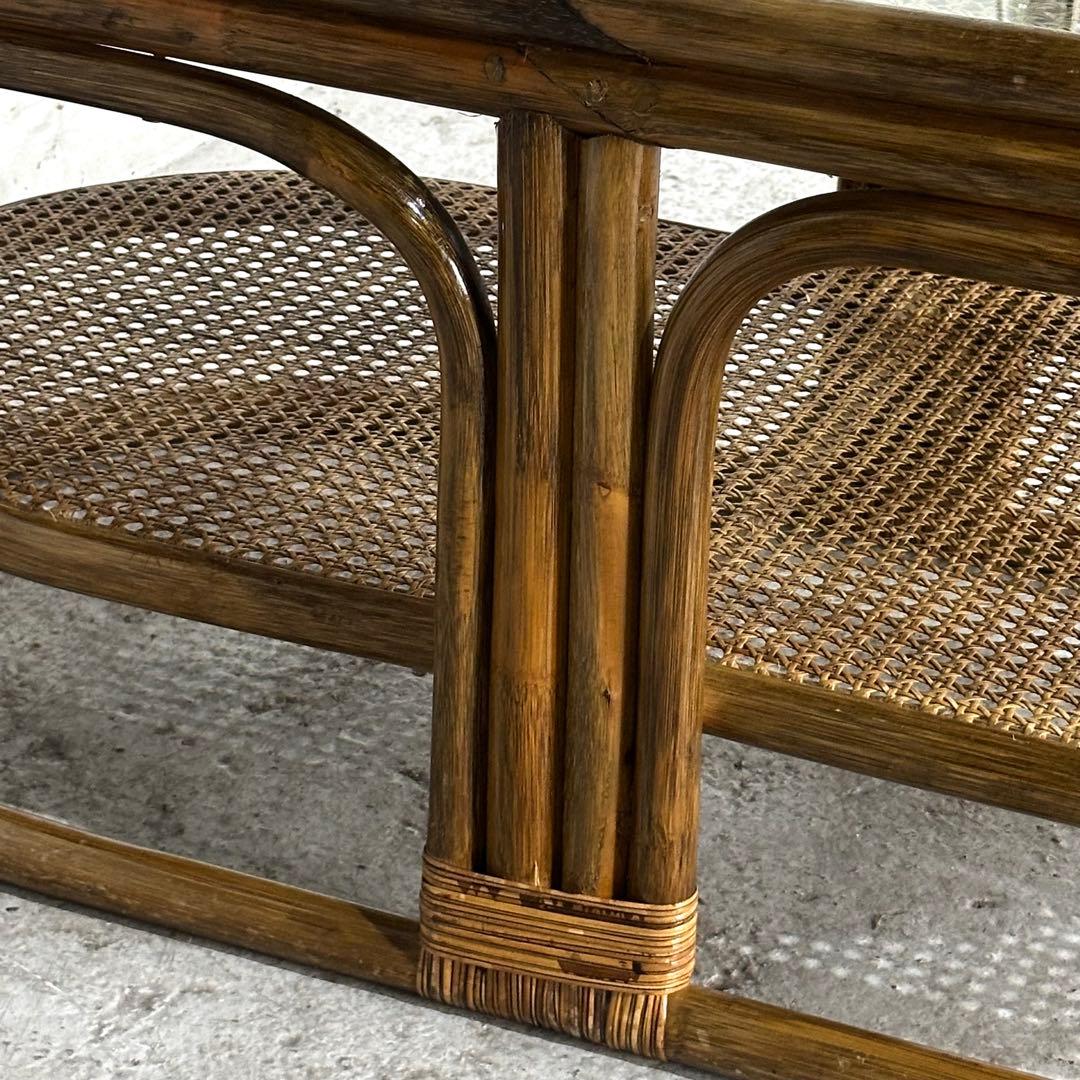 ✿昭和レトロ✿ 藤　オールドラタン　ガラストップテーブル　棚付き