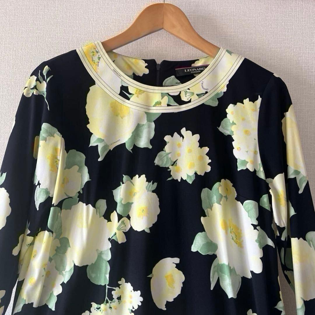美品⭐️レオナール⭐️カンカン⭐️花柄トリム⭐️七分袖チュニック⭐️サイズ42