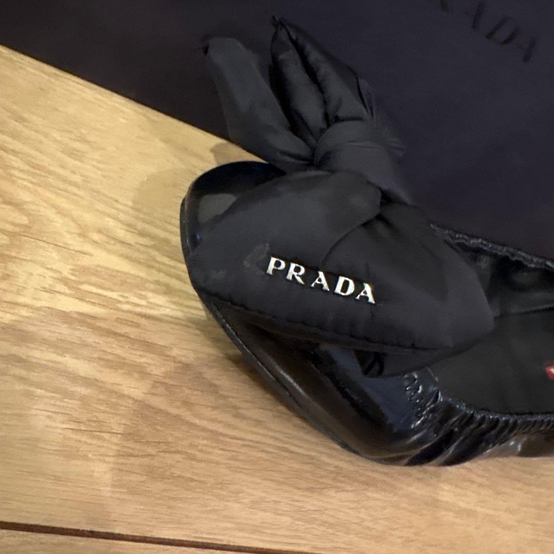 PRADA ブラック リボン付き37バレエシューズ