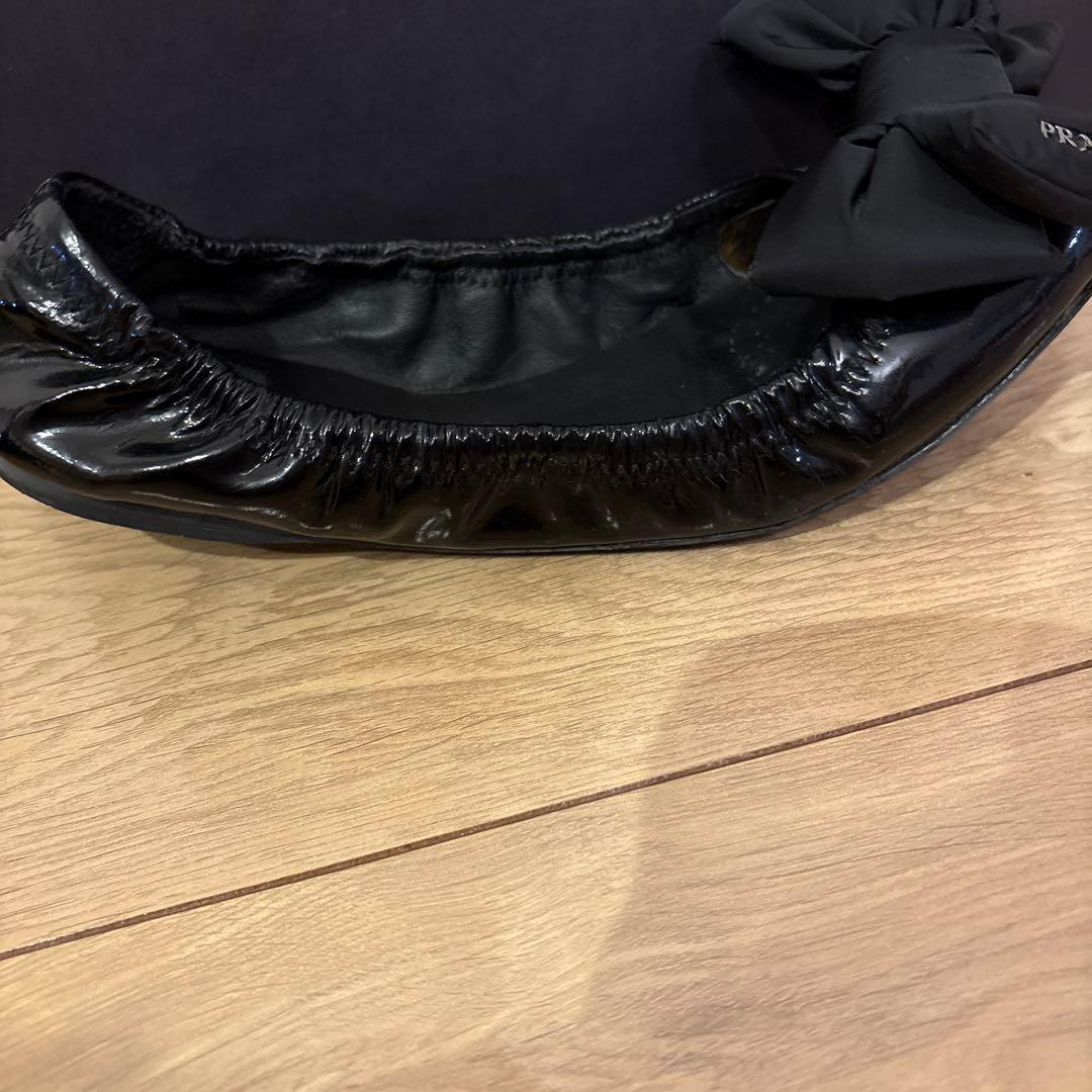 PRADA ブラック リボン付き37バレエシューズ