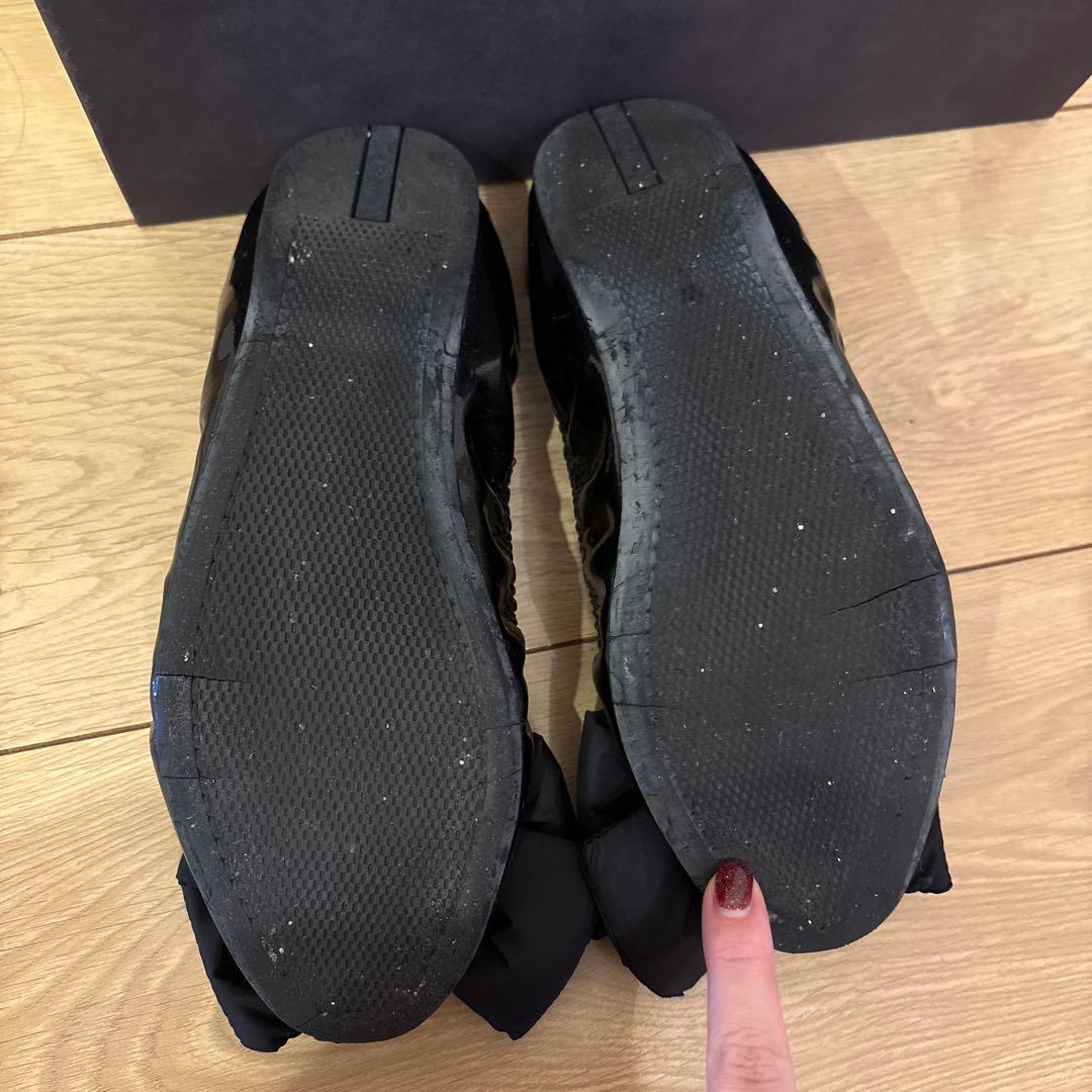 PRADA ブラック リボン付き37バレエシューズ