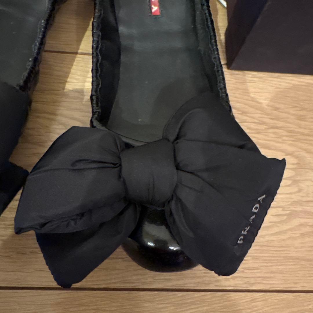 PRADA ブラック リボン付き37バレエシューズ