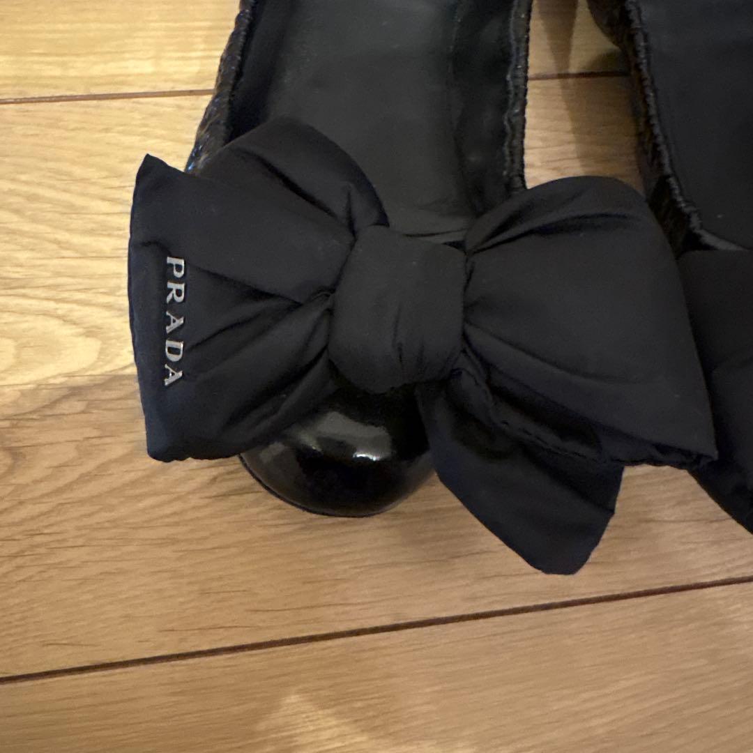 PRADA ブラック リボン付き37バレエシューズ