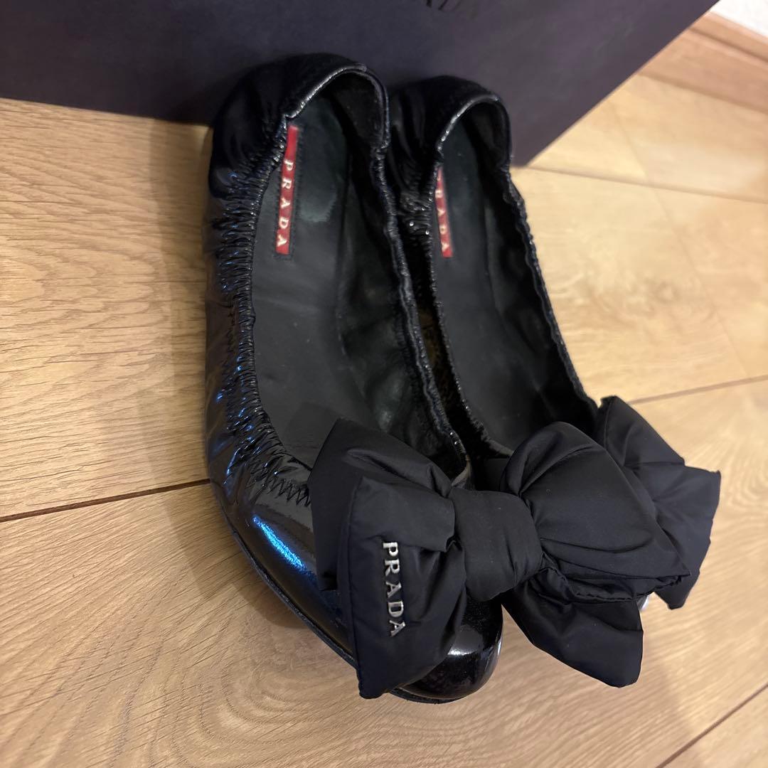 PRADA ブラック リボン付き37バレエシューズ