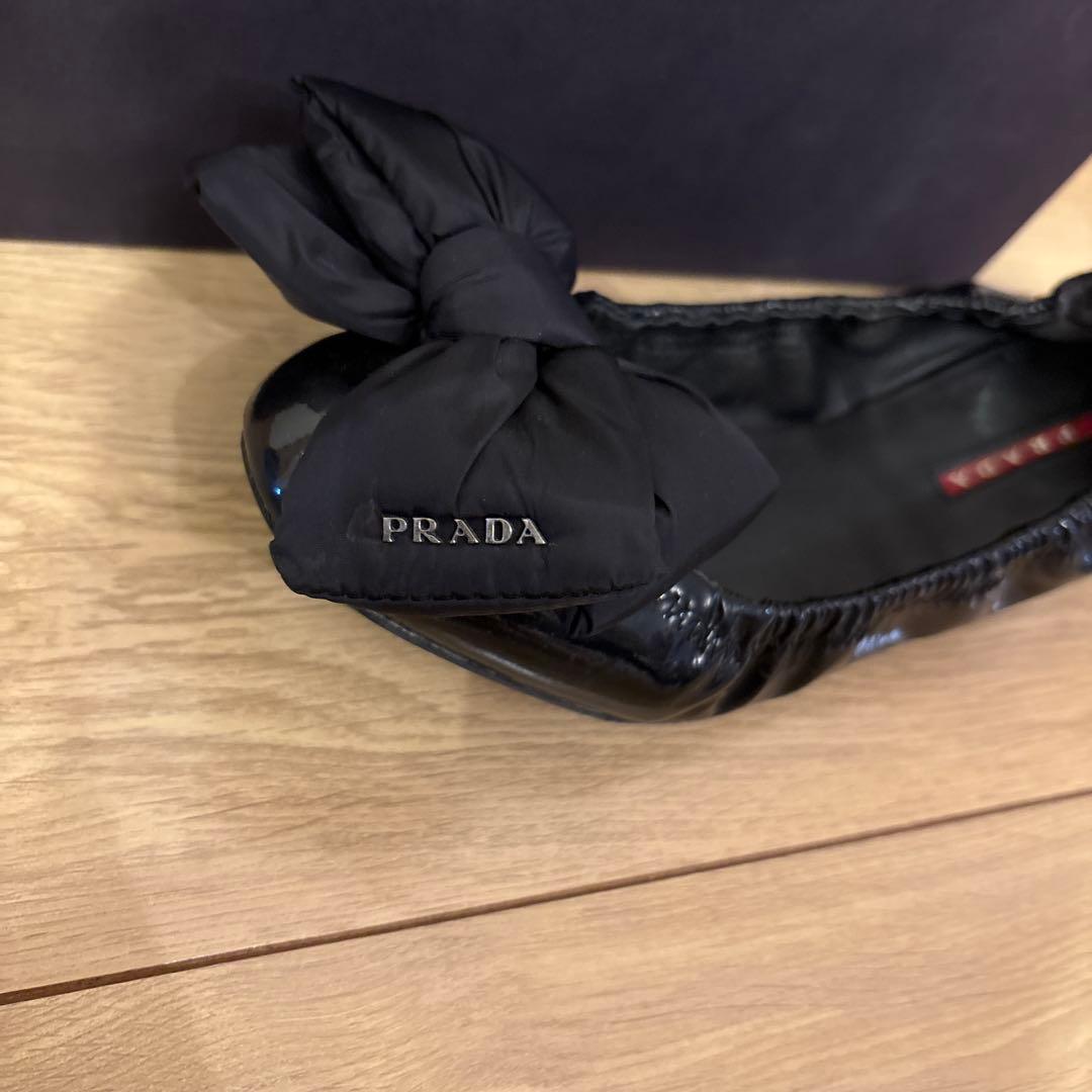 PRADA ブラック リボン付き37バレエシューズ