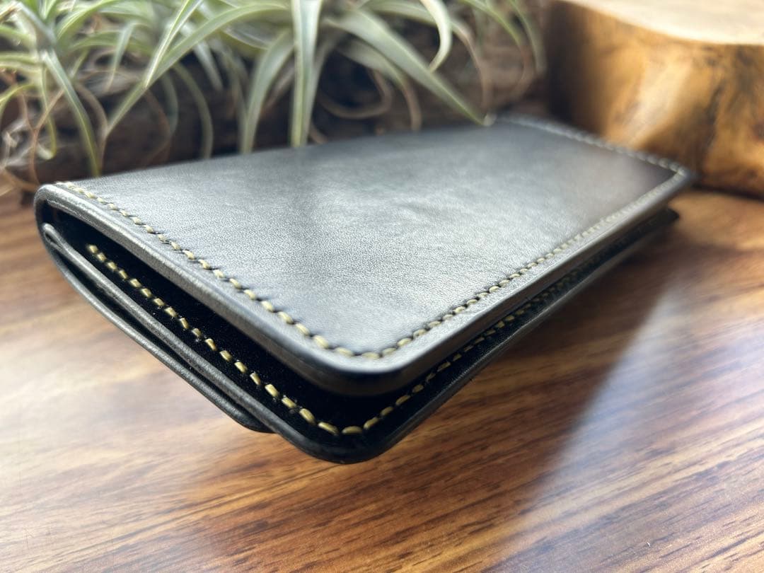 牛ヌメ革 トラッカーウォレット ロング 手染めブラック 手縫い　ハンドメイド