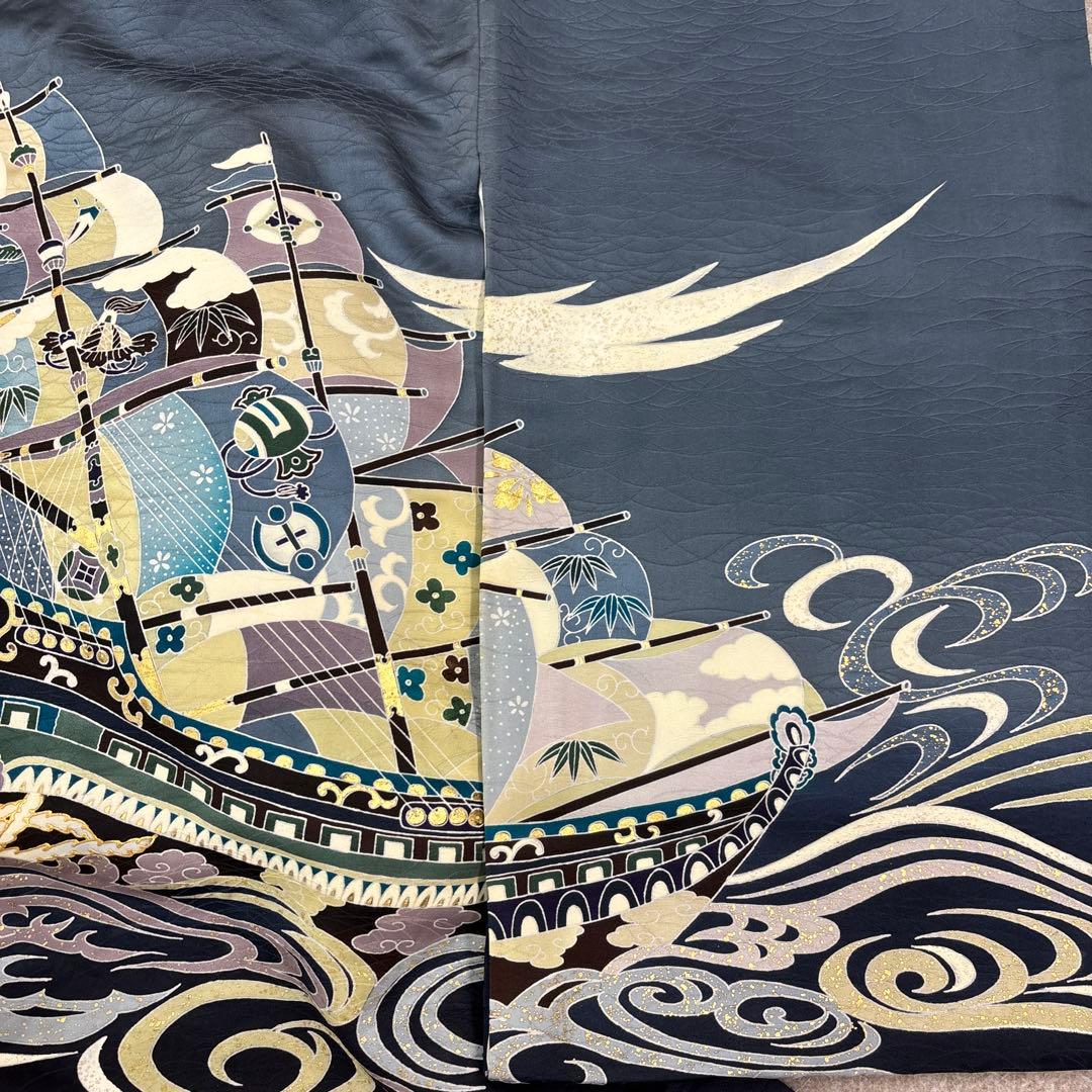 新品「最高級品」正絹産着祝着京友禅宝船多色手描き染、特選豪華盛本金祝い波文