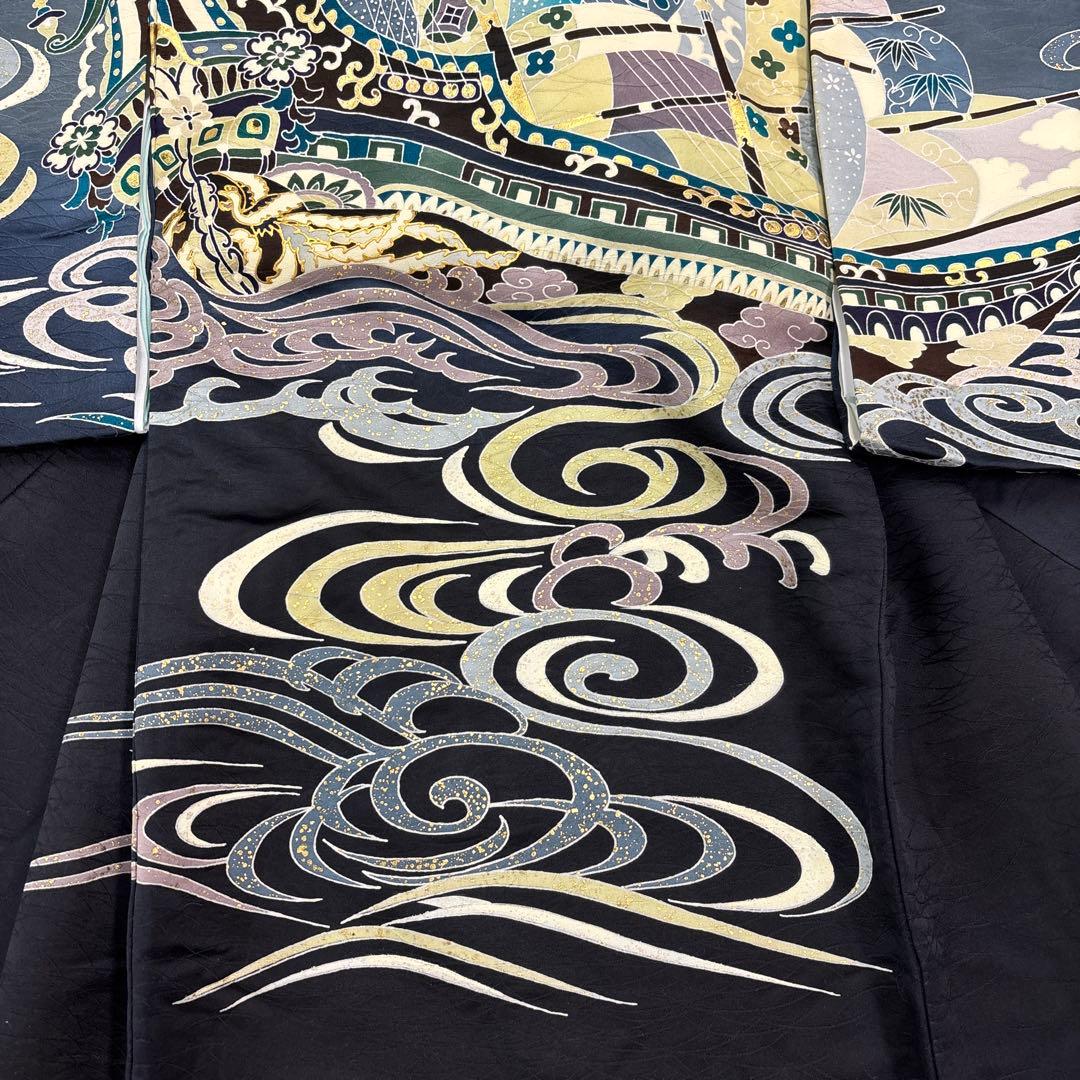 新品「最高級品」正絹産着祝着京友禅宝船多色手描き染、特選豪華盛本金祝い波文