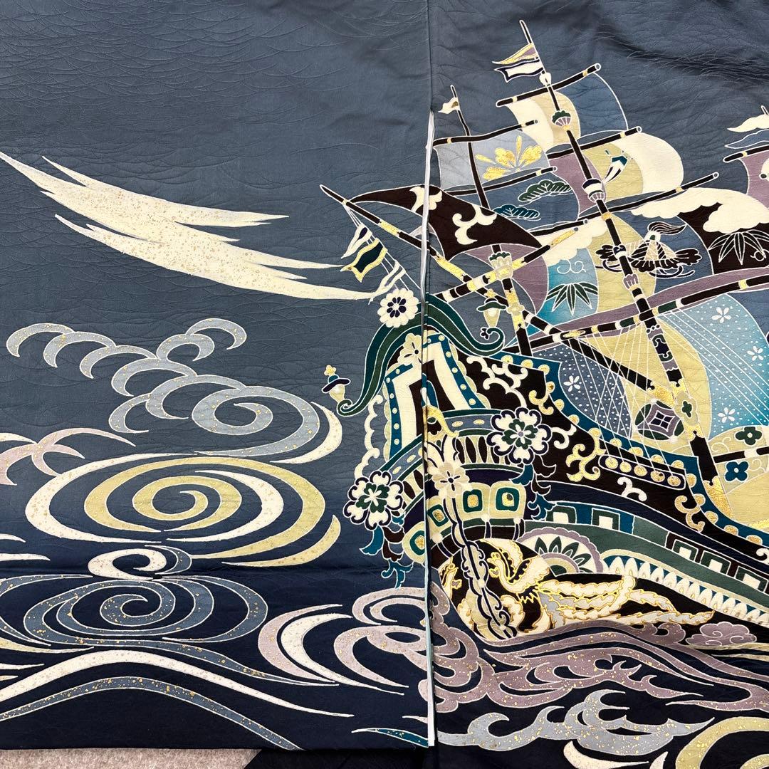 新品「最高級品」正絹産着祝着京友禅宝船多色手描き染、特選豪華盛本金祝い波文
