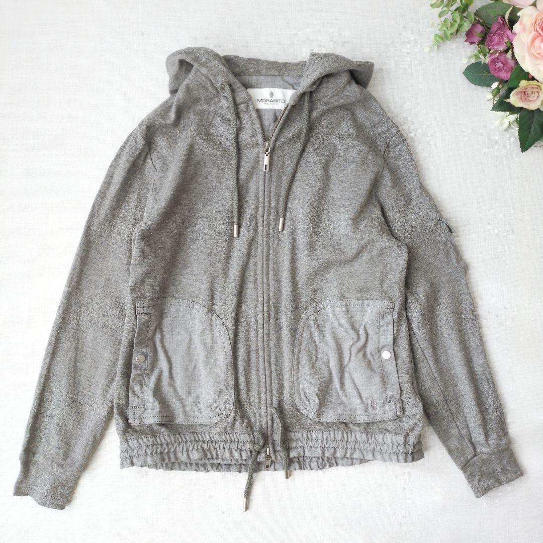 モラビトブラン　フード付きパーカー　40　ラメ混　グレー　ロゴ刺繍　ダブルジップ
