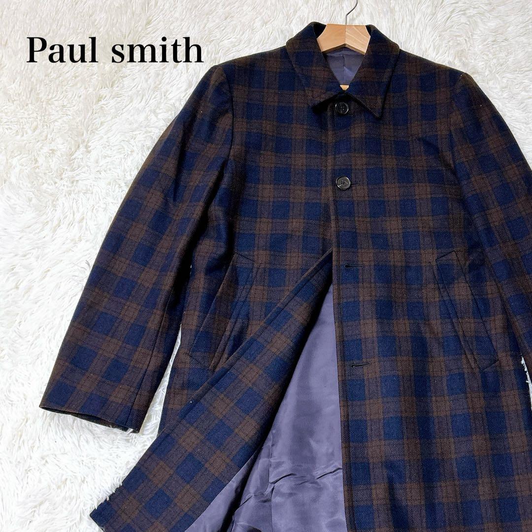 ポールスミス チェック柄 ウール コート ネイビー 高級感
