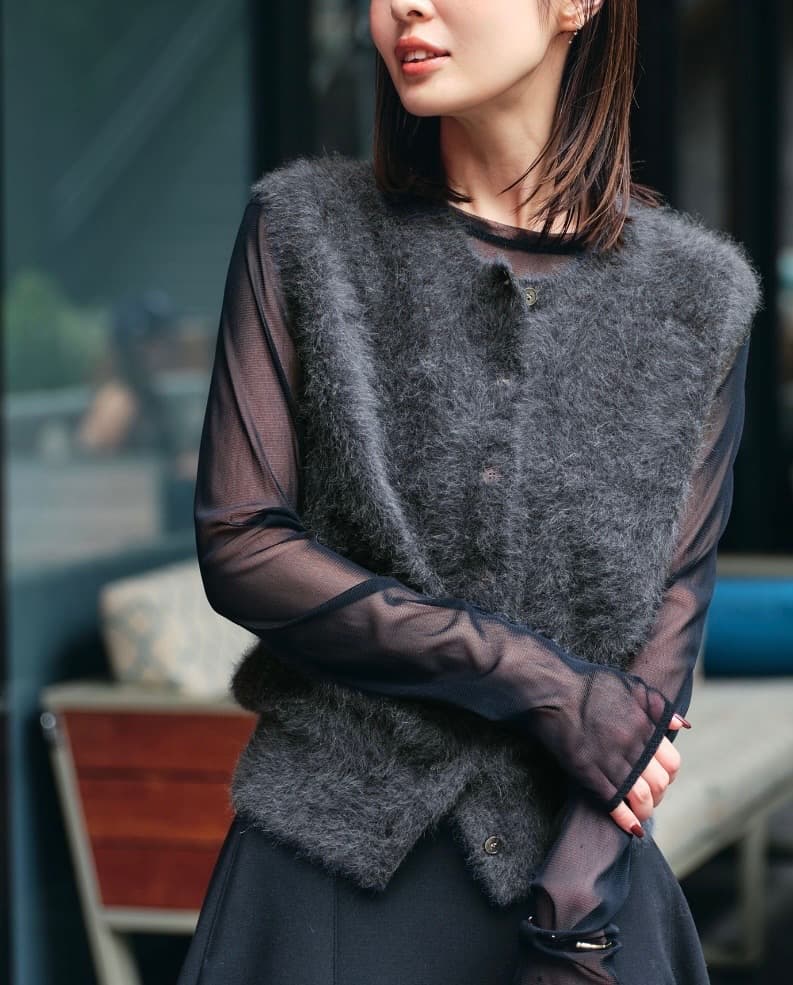 noble FOX/Caファーニットフロントボタンベスト グレー