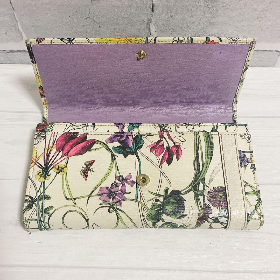 GUCCI　長財布　フローラ　ゴールド金具　レザー　白　花柄